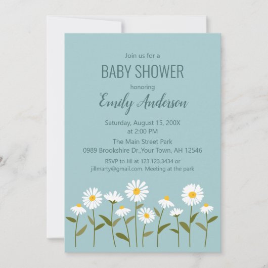Cute Daisy Baby Shower Invitation in Blue 招待状 (正面)