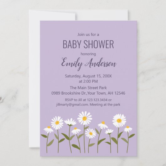 Cute Daisy Baby Shower Invitation in Purple 招待状 (正面)