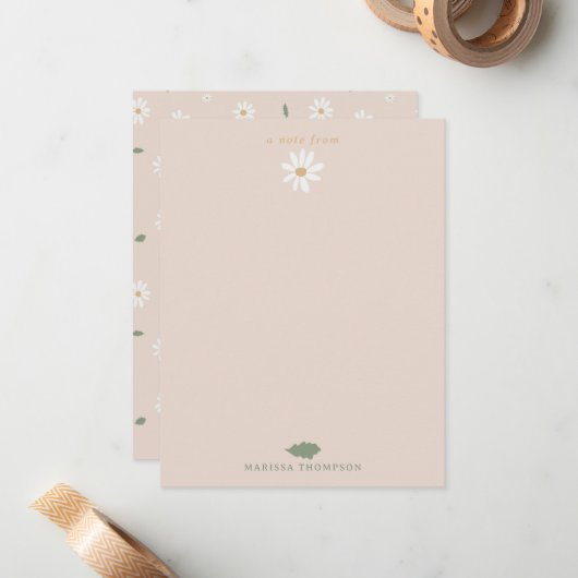 Cute Daisy Floral Blossoms & Greenery Custom Name ノートカード (正面/裏面インサイチュ)