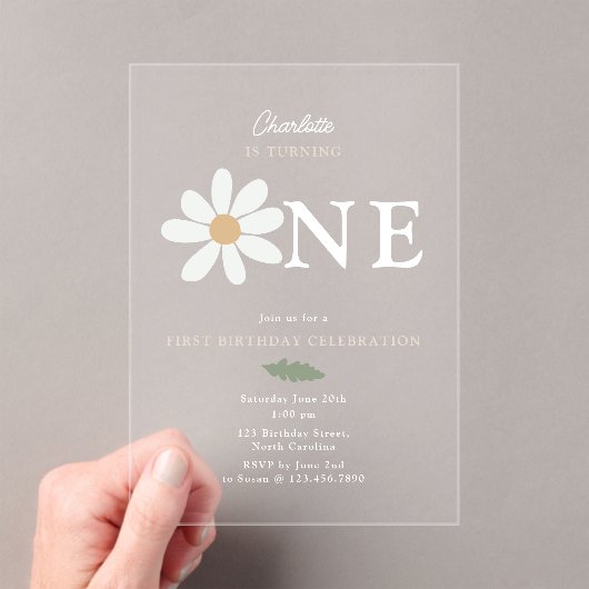 Cute Daisy Flower 1st Birthday Girl Pink アクリル招待状 (インサイチュ (ポータブル))