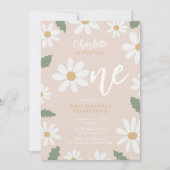 Cute Daisy Flower 1st Birthday Girl Pink 招待状 (正面)