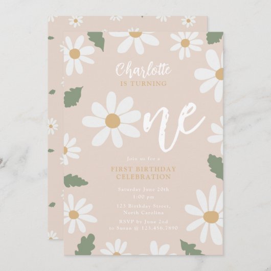 Cute Daisy Flower 1st Birthday Girl Pink 招待状 (正面/裏面)