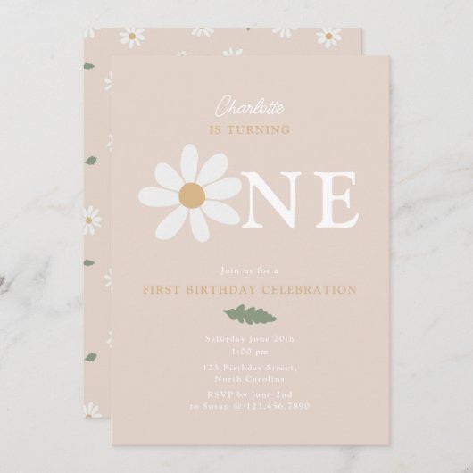 Cute Daisy Flower 1st Birthday Girl Pink 招待状 (正面/裏面)
