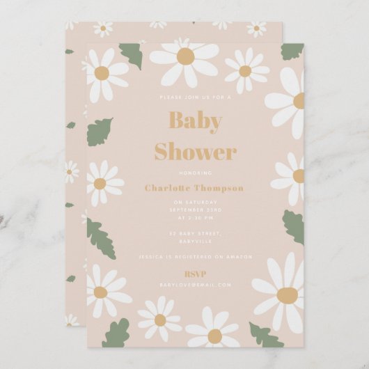 Cute Daisy Flower Baby Shower Girl Pink 招待状 (正面/裏面)