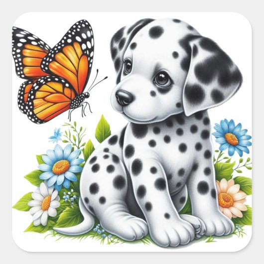 Cute Dalmatian/Butterfly friends スクエアシール (正面)