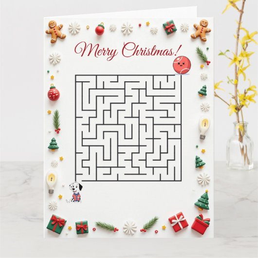 Cute Dalmatian Dog Christmas Maze Puzzle Holiday カード (黄色い花)