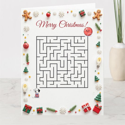 Cute Dalmatian Dog Christmas Maze Puzzle Holiday カード (正面)