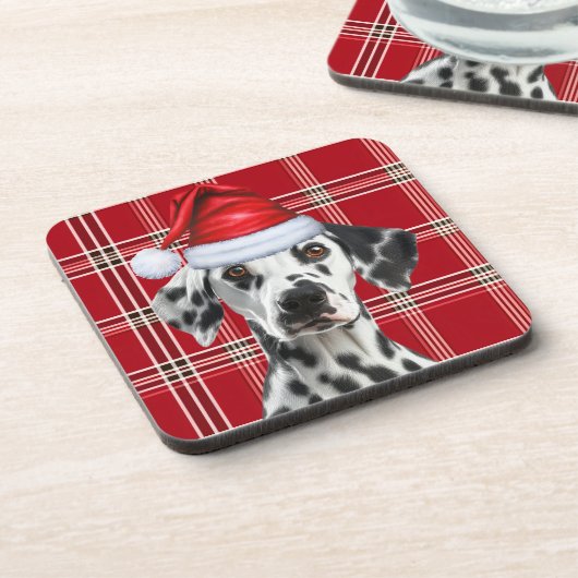Cute Dalmatian Santa Dog Red Holiday Plaid コースター (左側)