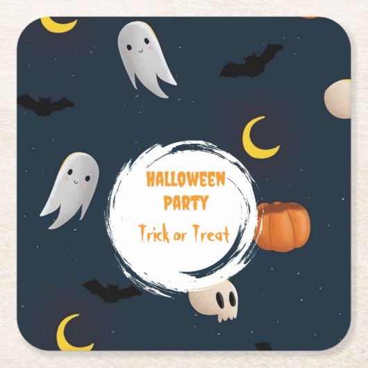 Cute Dark Blue Halloween Party Ghost Pumpkin  スクエアペーパーコースター (正面)