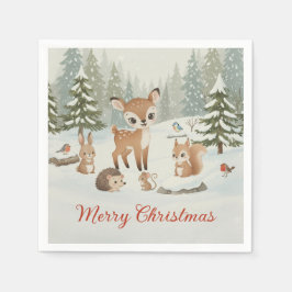 Cute Deer and Woodland Animals Merry Christmas スタンダードカクテルナプキン