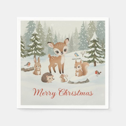 Cute Deer and Woodland Animals Merry Christmas スタンダードカクテルナプキン (正面)