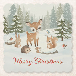 Cute Deer and Woodland Animals Merry Christmas ペーパーコースター