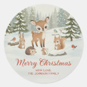 Cute Deer and Woodland Animals Merry Christmas ラウンドシール (正面)