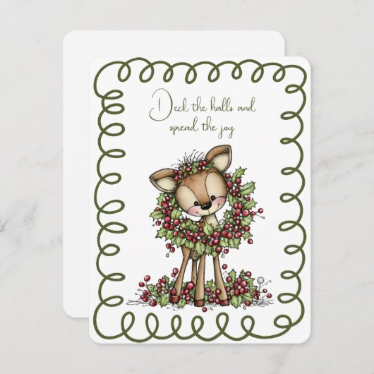 Cute Deer Wearing a Christmas Wreath Green and Red シーズンカード (正面/裏面)