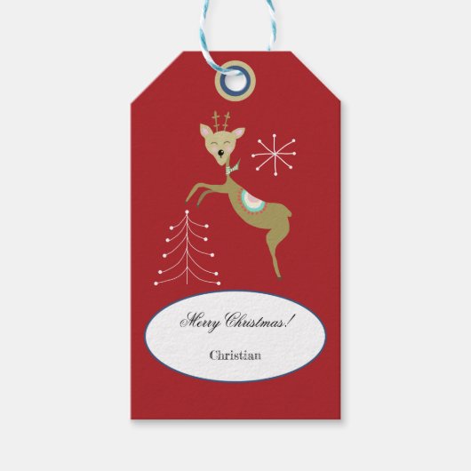 Cute deer with Christmas trees and snowflakes ギフトタグ (正面)