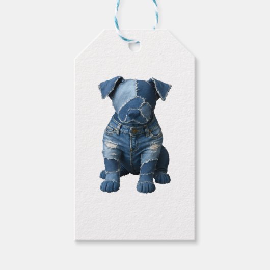Cute Denim Patchwork Art Dog T-Shirt ギフトタグ (正面)