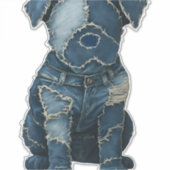 Cute Denim Patchwork Art Dog T-Shirt シール (正面)