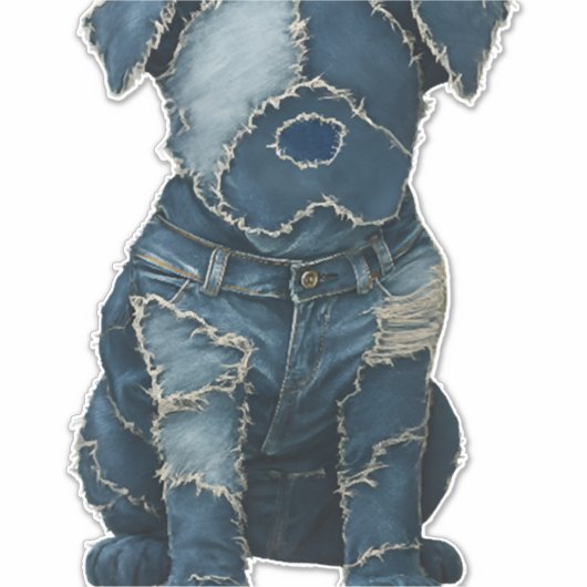 Cute Denim Patchwork Art Dog T-Shirt シール (正面)