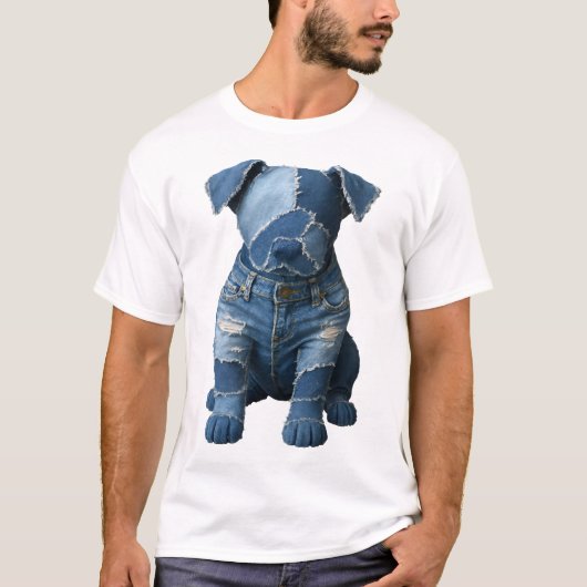Cute Denim Patchwork Art Dog T-Shirt Tシャツ (正面)