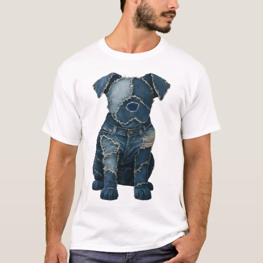 Cute Denim Patchwork Art Dog T-Shirt Tシャツ (正面)