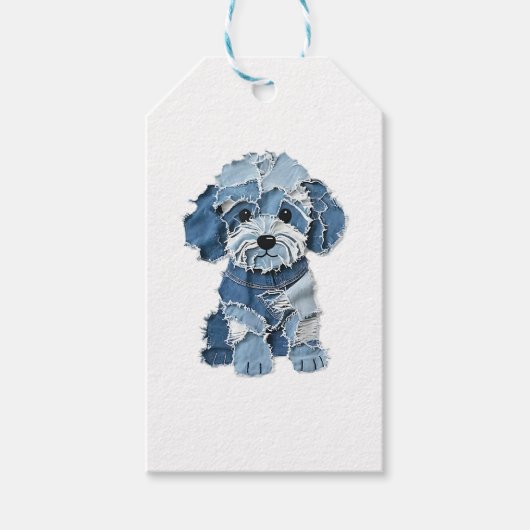 Cute Denim Patchwork Dog Illustration ギフトタグ (正面)
