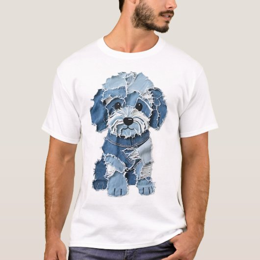 Cute Denim Patchwork Dog Illustration Tシャツ (正面)