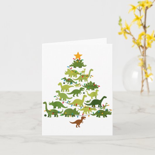 Cute Dino Christmas Tree Merry Dinomas Xmas Lights カード (黄色い花)