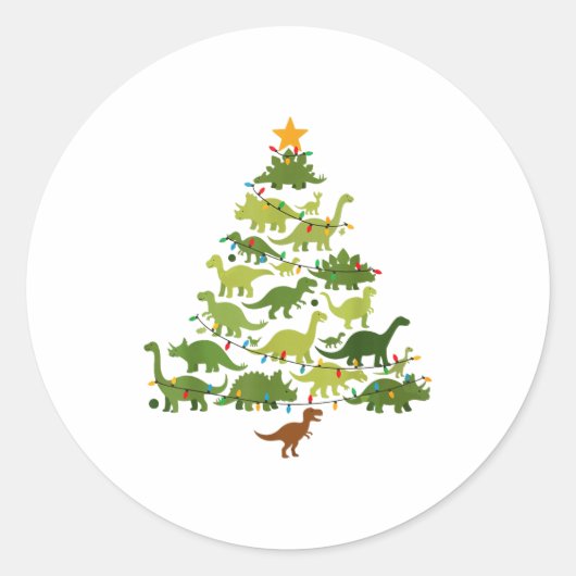 Cute Dino Christmas Tree Merry Dinomas Xmas Lights ラウンドシール (正面)