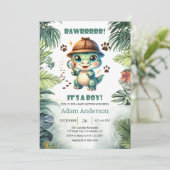 Cute Dino Detective Boy Baby Shower Invitation     招待状 (スタンド正面)