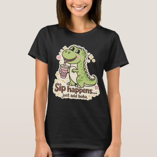 Cute Dino drinking bubble tea, boba tea Tシャツ