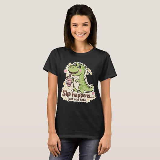 Cute Dino drinking bubble tea, boba tea Tシャツ (正面フル)