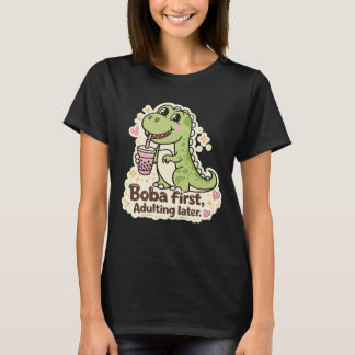 Cute Dino drinking bubble tea, boba tea Tシャツ