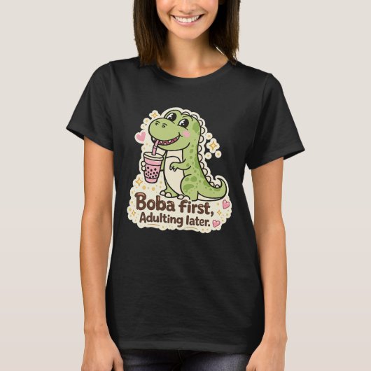 Cute Dino drinking bubble tea, boba tea Tシャツ (正面)