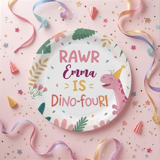 Cute Dino-Four Pink Dinosaur Girl 4th Birthday ペーパープレート