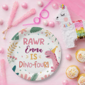 Cute Dino-Four Pink Dinosaur Girl 4th Birthday ペーパープレート (パーティー)