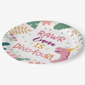 Cute Dino-Four Pink Dinosaur Girl 4th Birthday ペーパープレート (アングル)