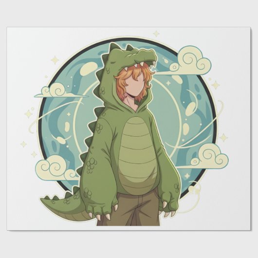 Cute Dino Friend Anime Boy - Green Dinosaur ラッピングペーパー (フラット)