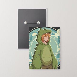 Cute Dino Friend Anime Boy - Green Dinosaur 缶バッジ