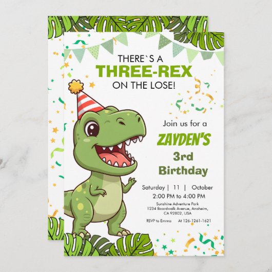 Cute Dino Party Invitation 招待状 (正面/裏面)