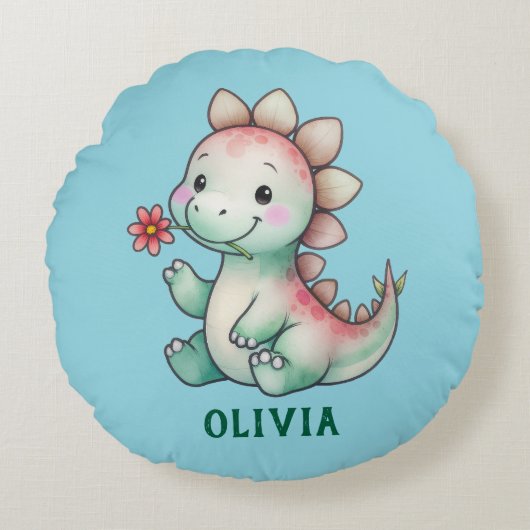 Cute Dino Personalized ラウンドクッション (正面)