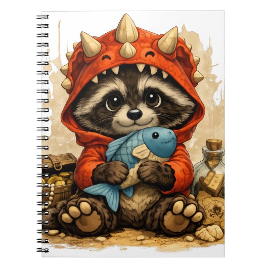 Cute Dino Raccoon Notebook – Kawaii Pirate ノートブック (正面)