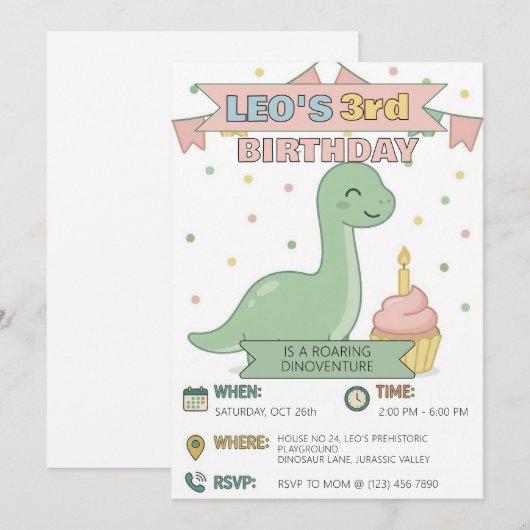 Cute Dinosaur 3rd Birthday Party Boy 招待状 (正面/裏面)