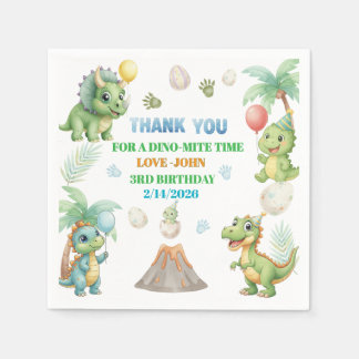 Cute Dinosaur 3rd Birthday Party Napkins | Green & スタンダードカクテルナプキン
