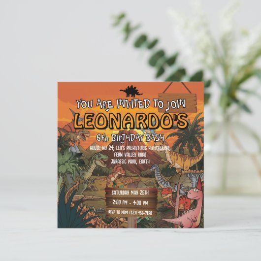 Cute Dinosaur 6th Birthday Invitation Colorful  招待状 (スタンド正面)