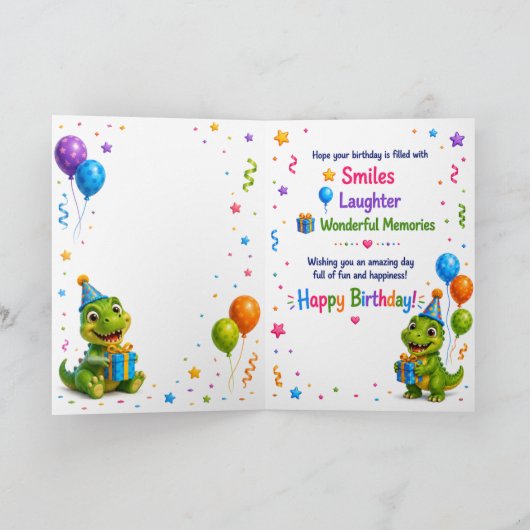 Cute Dinosaur Birthday Card for Kids – Happy Birth カード (内部)