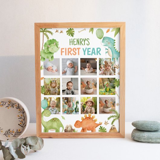 Cute Dinosaur Birthday First Year Photo Milestone ポスター