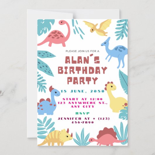 Cute Dinosaur Birthday Invitation マグネット招待状 (正面)