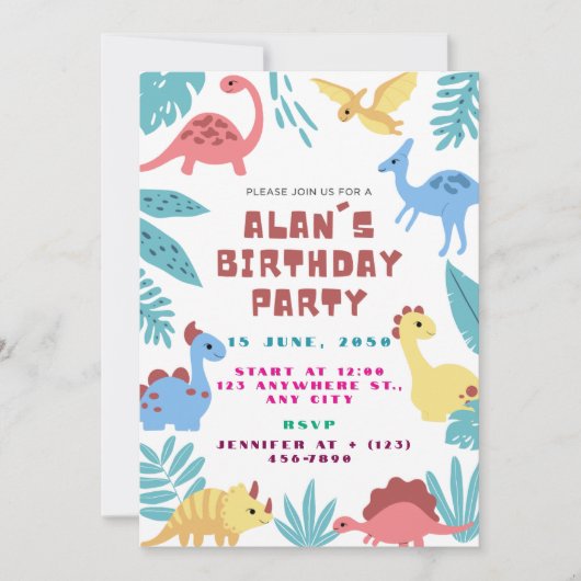 Cute Dinosaur Birthday Invitation 招待状 (正面)