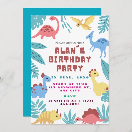 Cute Dinosaur Birthday Invitation 招待状 (正面/裏面)