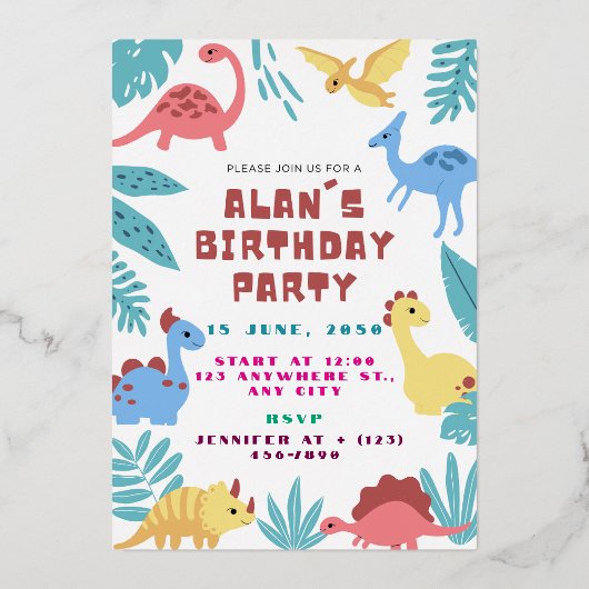 Cute Dinosaur Birthday Invitation 箔招待状 (正面)